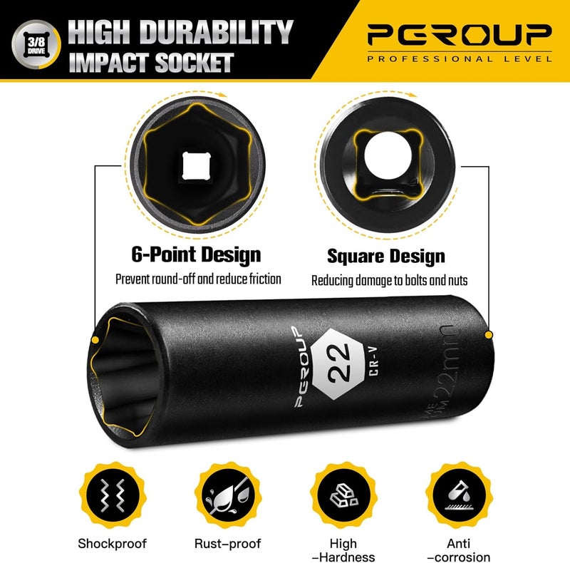 pgroup 3/8” Drive Deep Impact Socket, Metric(22mm socket), 6-Point, Cr-V Steel With Black Manganese Phosphate Coating - Image 4